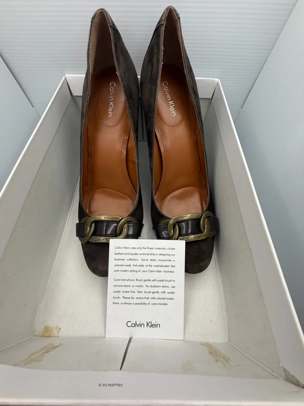 Calvin Klein Dark Brown Suede Pumps with Gold Chain Accent
